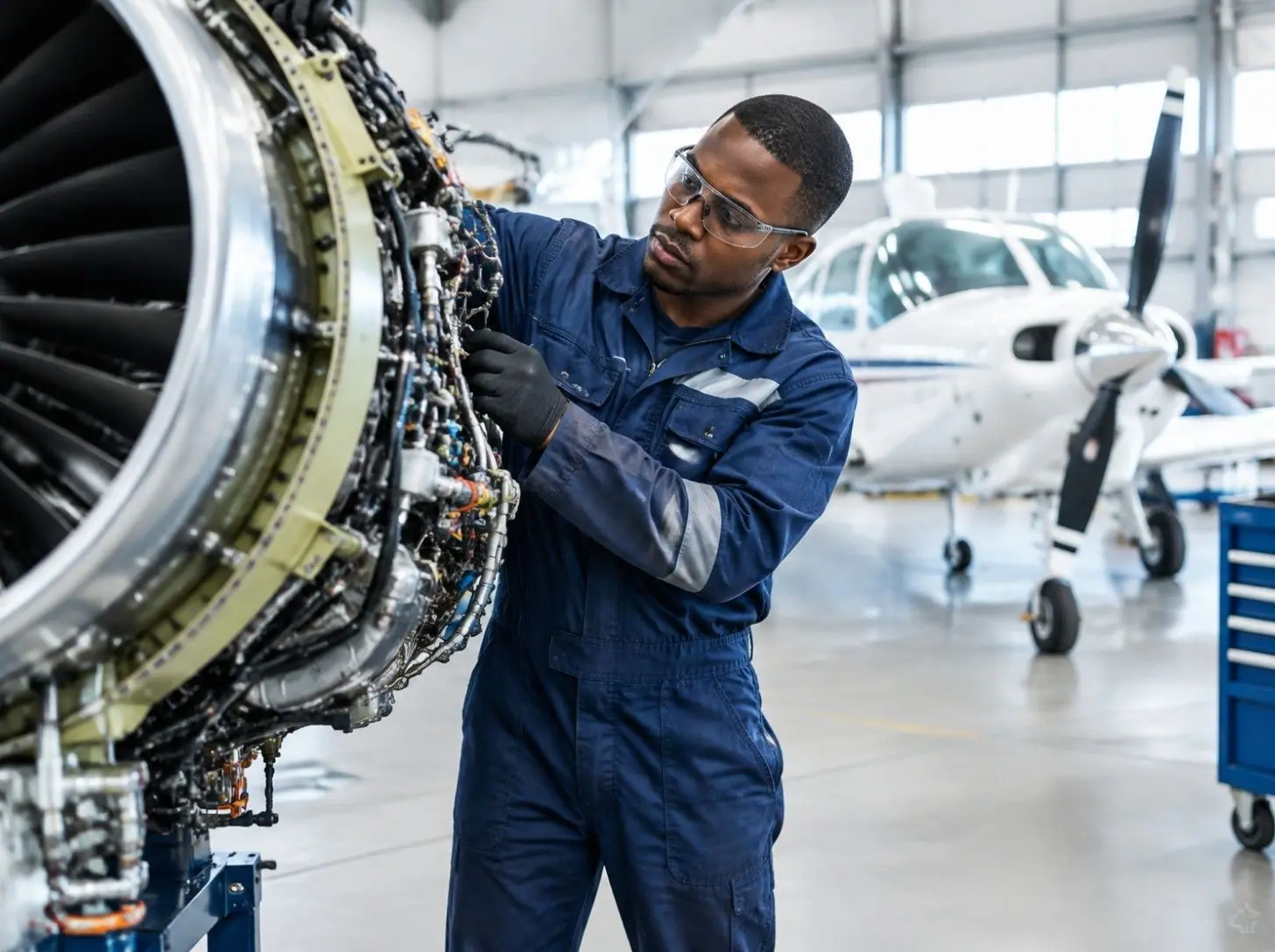 An aerospace engineer working on an aircraft engine