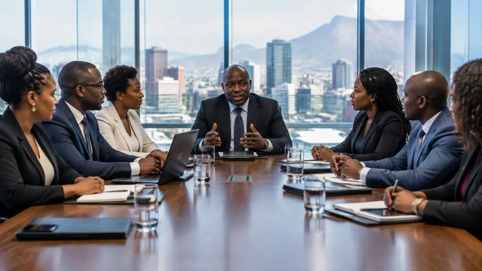 Executives in discussion around a boardroom table