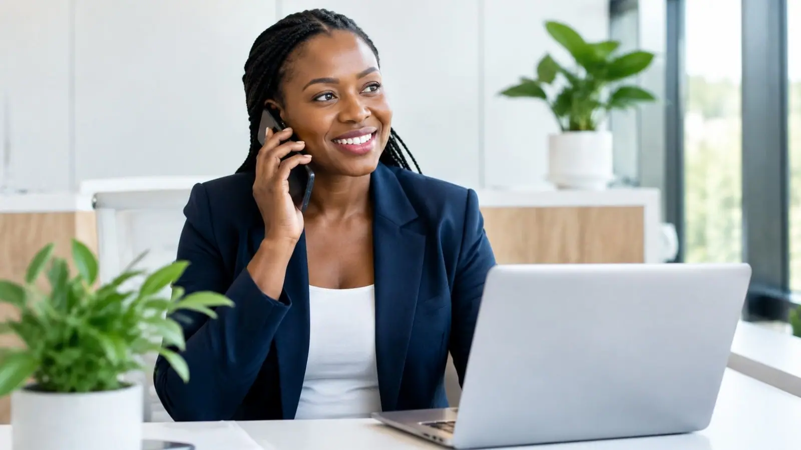 A businesswoman smiling on a phone call at her desk