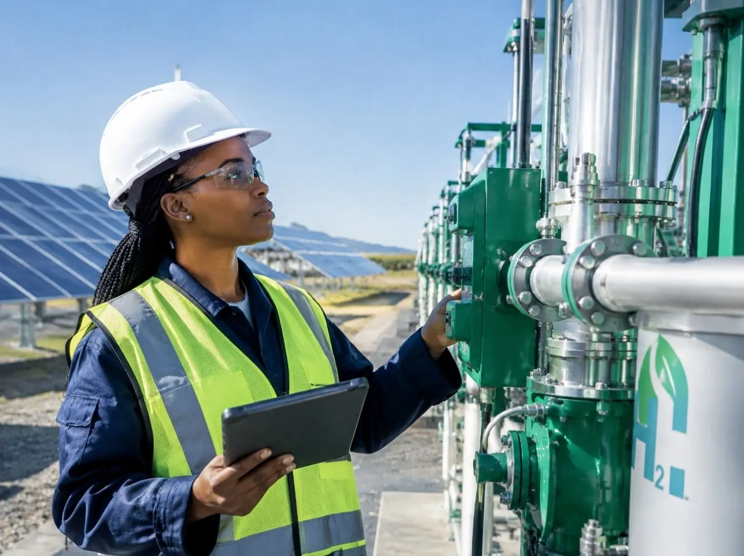 An engineer in a hard hat inspecting hydrogen plant equipment